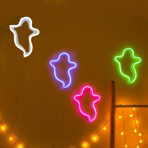 Vista 4 de Letreros LED de neón de fantasma, lámpara de noche decorativa de terror, funciona con pilas, luces góticas inalámbricas, decoraciones de Halloween
