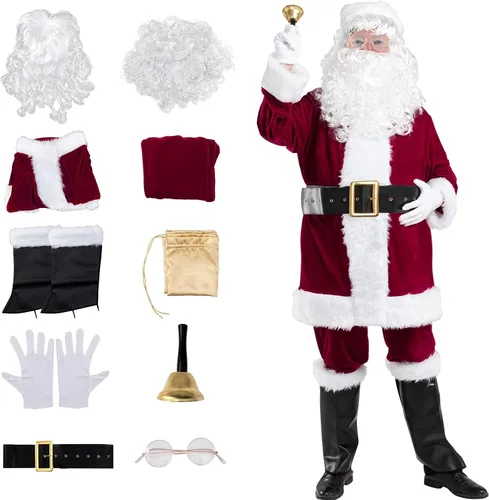 Vista 5 de Sunolga Santa Claus Costume Santa Costume Velvet Santa Suit 11 Pcs Christmas Costumes for Adults Men Santa Hat