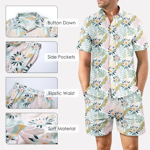 Vista 4 de DUOFIER Conjunto de camisa hawaiana para hombre, 2 piezas, estampado floral, conjunto de ropa de vacaciones para la playa