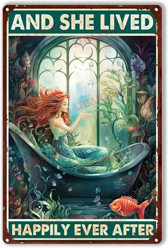 Vista 18 de LIUAXICIA Letrero de lata retro con diseño de sirena y ella vivió feliz para siempre, para decoración del hogar, 8 x 12 pulgadas, pintura de lata