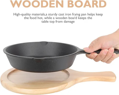 Vista 3 de Thick Cast Iron Nonstick Steak Frying Pan with Wooden Board Even Heat Distribution Wear-resistant Surface Versatile Omelette and Egg Pan for Home