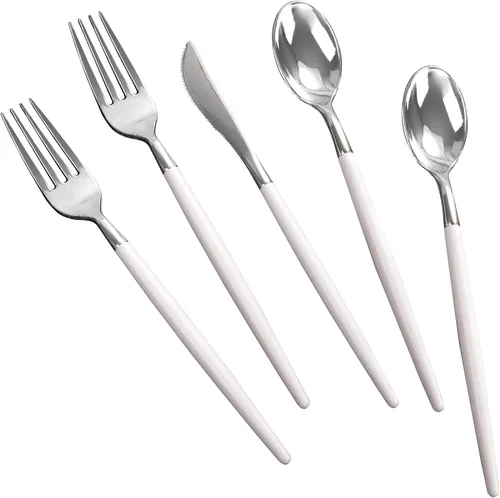 Vista 12 de MirthMood - 36 cubiertos de plástico dorados, cubiertos dorados desechables, utensilios desechables resistentes, juego de cubiertos de plástico