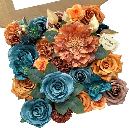 Vista 28 de FACINOC Juego de ramos de flores artificiales de rosas artificiales para bricolaje, decoración de despedida de soltera, arreglos florales falsos