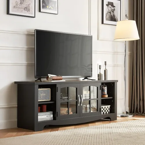 Vista 2 de LINSY HOME Soporte de TV estilo granja para TV de 65 pulgadas, centro de entretenimiento de madera con gabinete de almacenamiento con puerta
