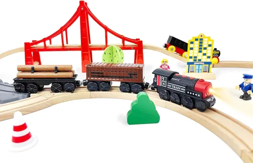 Vista 5 de Tren motorizado para pista de madera, juego de 3 piezas de tren de juguete para niños y niñas de 3, 4, 5+ años, tren con batería compatible