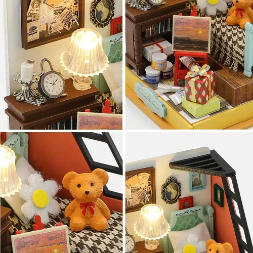 Vista 2 de Kit de casa de muñecas en miniatura de bricolaje, casa de muñecas de madera con LED, kit de construcción de casa pequeña para regalo de cumpleaños