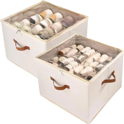 Vista 13 de Caja organizadora de zapatos, paquete de 2, organizador de almacenamiento de zapatos con cubierta transparente, divisores ajustables para 16-32