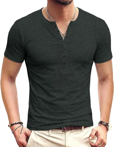 Vista 22 de KUYIGO Camisas Henley para hombre, estilo casual, ajustadas, básicas, de A01 Negro Puro