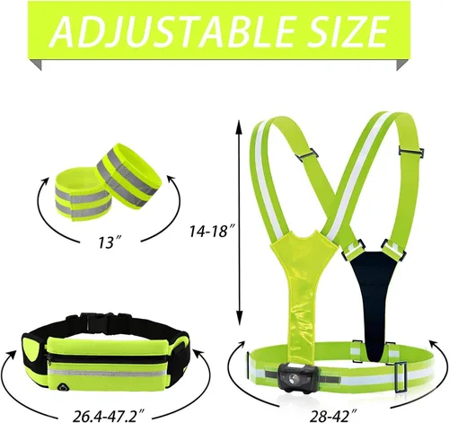 Vista 8 de Juego de chaleco reflectante LED de iluminación, chaleco de seguridad ajustable, brazaletes para engranajes, bolsa para cinturón con agujero