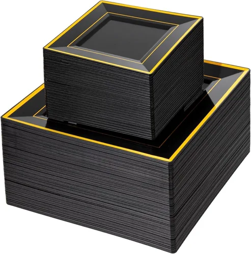 Vista 9 de Liacere 100 platos cuadrados de plástico blanco y plateado, 50 platos de cena blancos resistentes de 9.5 pulgadas y 50 platos de postre de 6 Blanco