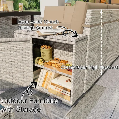 Vista 4 de Juego de muebles de patio de 6 piezas, sofá modular para exteriores con reposabrazos anchos, sofá de grupo de asientos de mimbre con mesa auxiliar