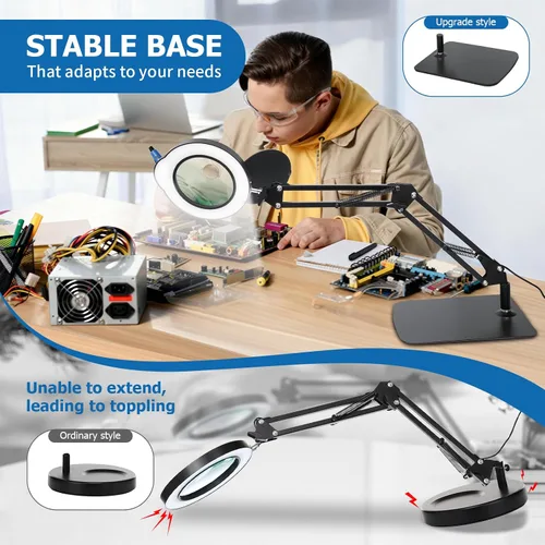 Vista 4 de Lupa de 15X 30X con luz y soporte, lámpara de escritorio LED con base y abrazadera, 5 modos de color, 10 niveles regulables, lupa manos libres