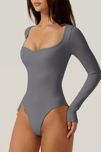 Vista 3 de Meyeeka Body de manga larga con cuello corazón para mujer, sin costuras, básica, elástica
