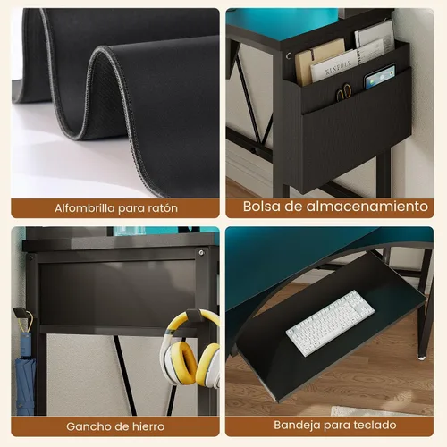 Vista 10 de SEDETA Escritorio esquinero, 39 pulgadas de ancho x 62 pulgadas de alto, escritorio de oficina pequeño con gabinete y luces LED, escritorio Negro