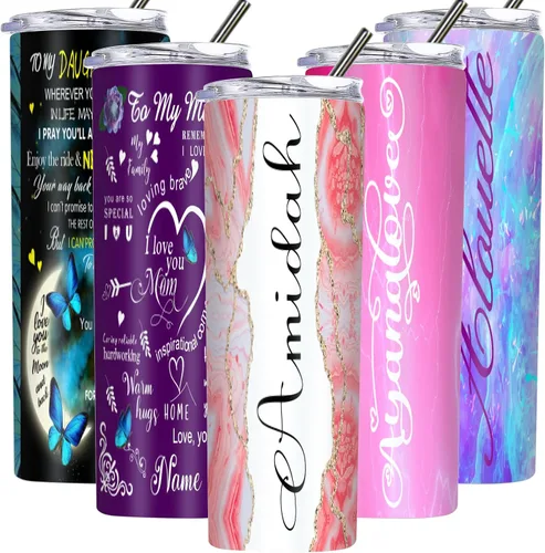Vista 9 de Vaso delgado personalizado con tapas y pajitas con nombre impreso, vasos aislados personalizados de 20 onzas para mamá, mujeres y hombres