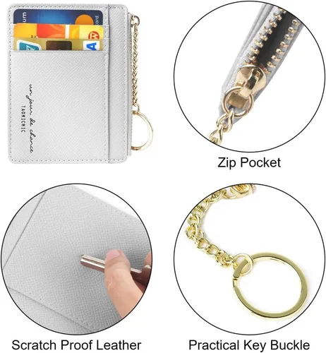 Vista 57 de URAQT Cartera para tarjetas de crédito, cartera minimalista de cuero delgado con cremallera, mini protector de tarjeta de crédito, llavero bolsillo