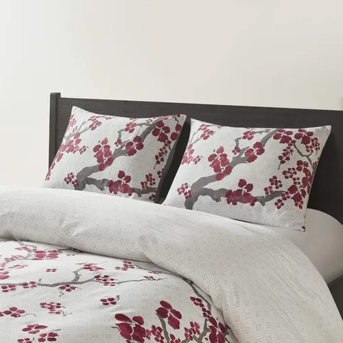 Vista 12 de N Natori Juego de funda de edredón de flor de cerezo, tamaño Queen, rojo, gris, juego de funda de edredón de flor de cerezo, 3 piezas, 100% algodón