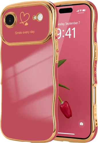 Vista 122 de LCHULLE - Funda para iPhone Air, linda para mujeres y niñas, con forma de onda, color azul bebé Luxury Plating Curly Wavy Frame with Love Heart