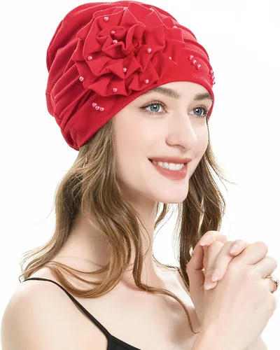 Vista 11 de ZLYC Gorro de verano para mujer, gorro elástico de quimioterapia con flores Blanco floral