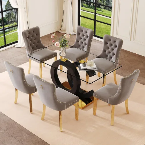 Vista 8 de Ebullient 63" Modern Glass Dining Table Set for 4, Black & Gold 5-Piece Set Glass Table & Beige Chairs