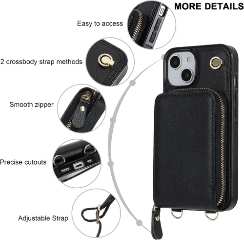 Vista 5 de KIHUWEY - Funda tipo cartera cruzada para iPhone 14/13, color negro Funda protectora duradera de piel sintética, bloqueo RFID con bolsillo