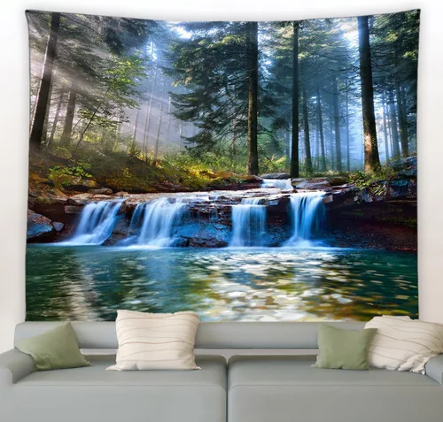 Vista 2 de QWRSMYX Tapiz de cascada de bosque, selva tropical, paisaje natural, selva, árbol verde, río, piedra, paisaje, decoración del hogar, arte