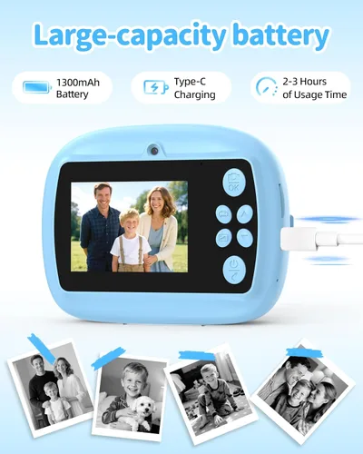 Vista 6 de Cámara de impresión instantánea para niños, cámara instantánea de video 1080P para niños con tarjeta SD de 32 GB, cámara de juguete, regalo de Azul