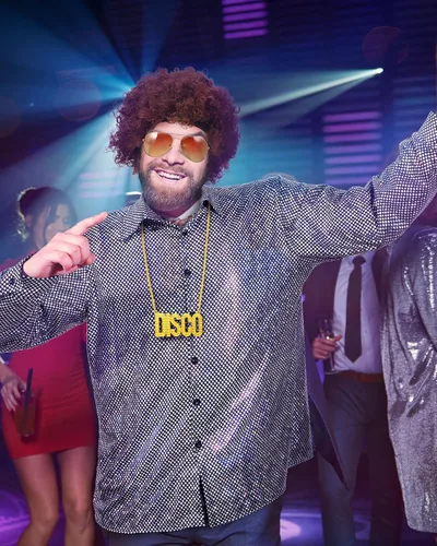 Vista 7 de Juego de 4 piezas de disfraz de discoteca de los años 70 para hombre, camisas brillantes de lujo, camisas de manga larga con lentejuelas para fiesta