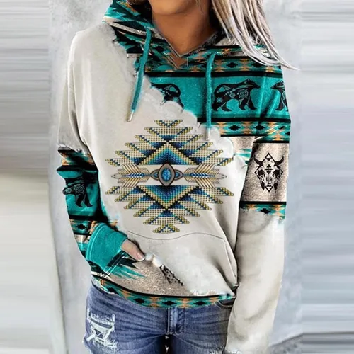 Vista 2 de Sudaderas con capucha estilo étnico azteca occidental para mujer, estilo casual, folk, manga larga, con bolsillo