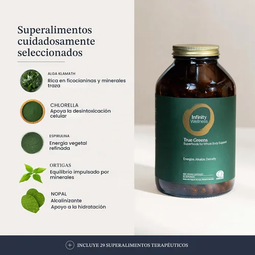 Vista 3 de Infinity Wellness True Greens - Tarro en polvo de jugo verde a base de algas azules con 28 superalimentos orgánicos, sin rellenos ni pastos, energía