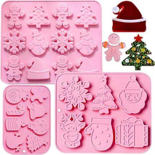 Vista 8 de Paquete de 3 moldes de silicona para hornear navideños, moldes de silicona navideños con forma de árbol de Navidad, moldes para jabón y dulces