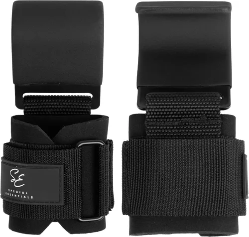 Vista 4 de Special Essentials Ganchos de levantamiento de pesas: 1 par de ganchos de acero de alta calidad con correas acolchadas para la muñeca para un mejor