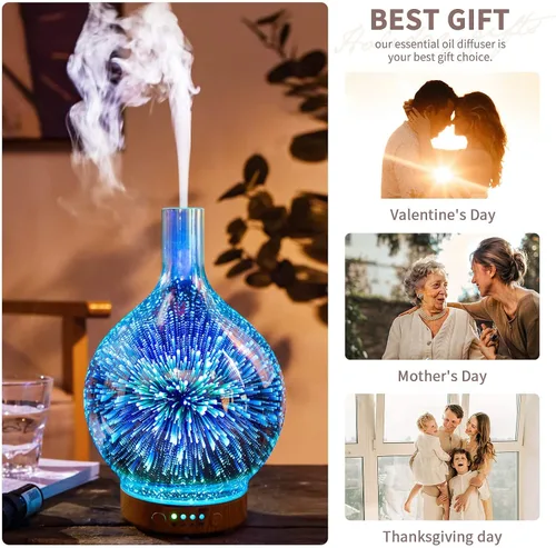 Vista 9 de Porseme Difusor de aceite esencial de volcán Aladdin de 3.4 fl oz + 3.4 fl oz de vidrio 3D aromaterapia humidificador ultrasónico niebla fría