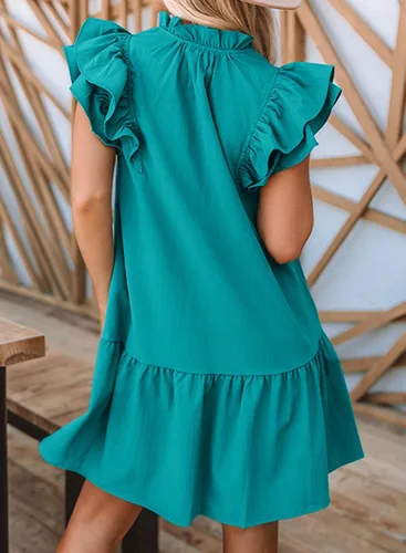 Vista 2 de Dokotoo Vestidos de verano para mujer 2025 con cuello en V con cordón y volantes, manga corta, bolsillos laterales, mini vestido de verano