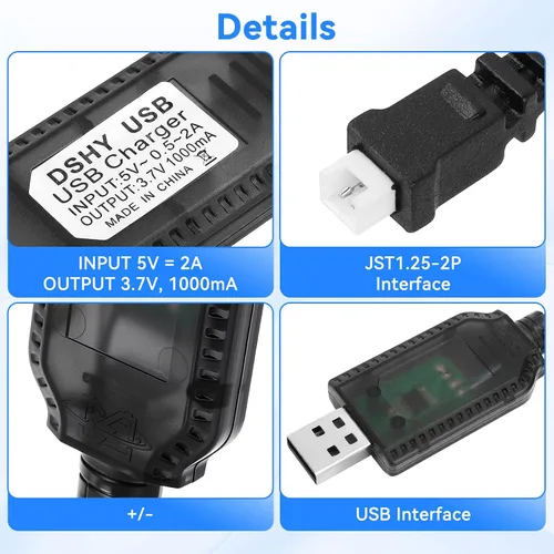Vista 4 de Paquete de 4 cables de carga USB de 3.7 V con conector de enchufe JST 1.25 para batería Lipo 1S de placa de desarrollo, LoRa Meshmastic Arduino IoT