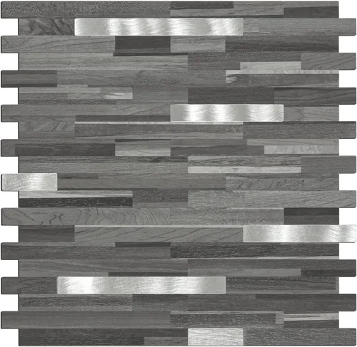 Vista 12 de Midcard Azulejos adhesivos para salpicaduras de 10 hojas, azulejos para cocina, baño, lavandería, cámper, chimenea. 20Trapezoidal Negro Gris Madera