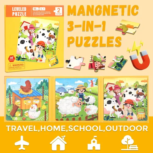 Vista 3 de Rompecabezas magnéticos para niños pequeños de 1 a 3 años, 3 en 1, divertido rompecabezas de granja, rompecabezas de viaje para niños, juguete