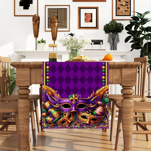 Vista 2 de Camino de mesa de Mardi Gras, carnaval de Brasil, Nueva Orleans, martes graso, mantel para fiesta de máscaras, decoración y suministros de diamantes