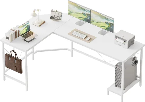 Vista 12 de Mericonia Escritorio para computadora en forma de L con tomas de corriente, escritorio para juegos reversible con estantes de almacenamiento y Marrón