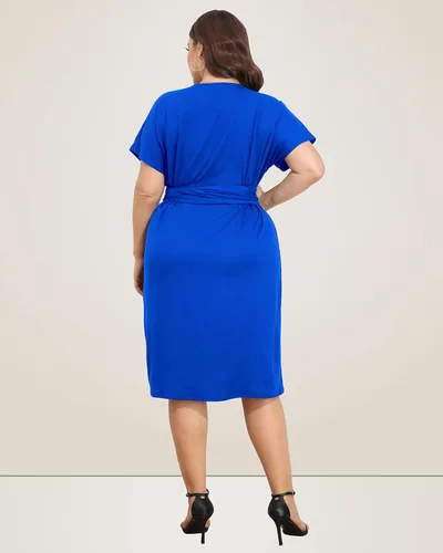 Vista 2 de Pinup Fashion Vestidos de talla grande para mujer, invitada de boda, manga corta, lazo frontal, cinturón, vestido de trabajo hasta la rodilla