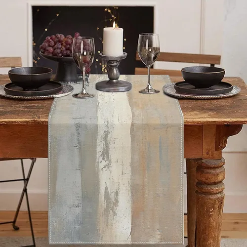 Vista 26 de Emvency - Camino de mesa de estilo granja, pintura de arte abstracto vintage en azul y gris para mesa de cocina, cenas familiares, fiestas, bodas