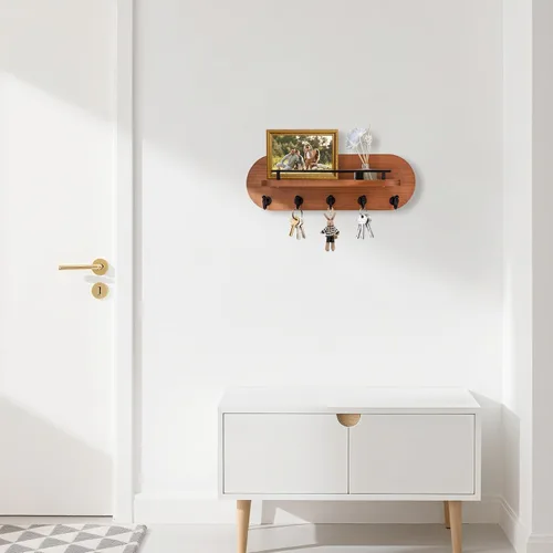 Vista 4 de SANY DAYO HOME Soporte para Llaves de Pared de Madera Marrón con Perchero de Entrada con 5 Ganchos Dorados, Barandilla de Estante de Metal
