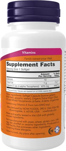 Vista 2 de NOW Foods Suplementos, Vitamina E-1,000 UI Tocoferoles Mixtos, Protección Antioxidante*, 50 Cápsulas Blandas