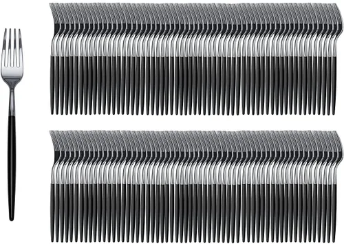 Vista 18 de Trendables Paquete de 120 tenedores de plástico resistente de dos tonos, impresionante tenedor de plástico desechable de doble color negro y dorado