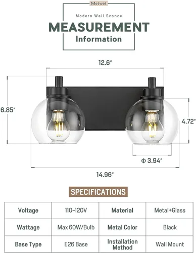 Vista 2 de Accesorios de iluminación de baño, luz de tocador mate negra de 2 luces, apliques de pared modernos con pantalla de globo de vidrio transparente
