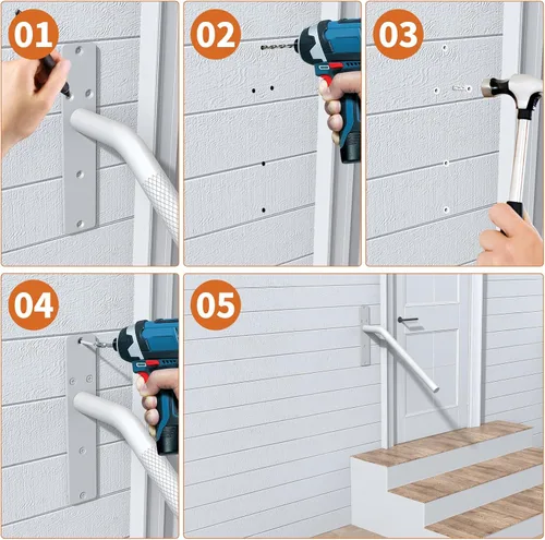 Vista 3 de Munzong - Barandillas blancas de 16 pulgadas para escaleras de 1 a 3 escalones, barandilla antideslizante de acero inoxidable SUS304 para escaleras
