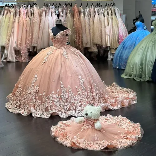 Vista 3 de Mouccy Lujo fuera del hombro vestidos de quinceañera vestido de bola hinchado largo vestidos de baile con tren tul dulce 15 16 vestidos XXF035