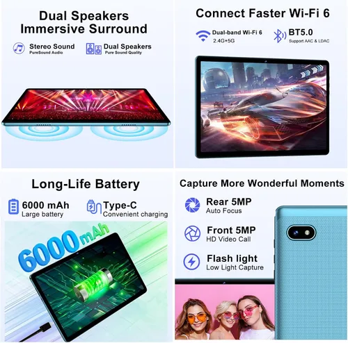 Vista 5 de DMOAO Tableta, tabletas de 10.1 pulgadas, tableta Android 14 con 18 GB de RAM+128 GB de ROM/1TB Expand, CPU Octa-Core 1.8GHz, batería de 6000 mAh