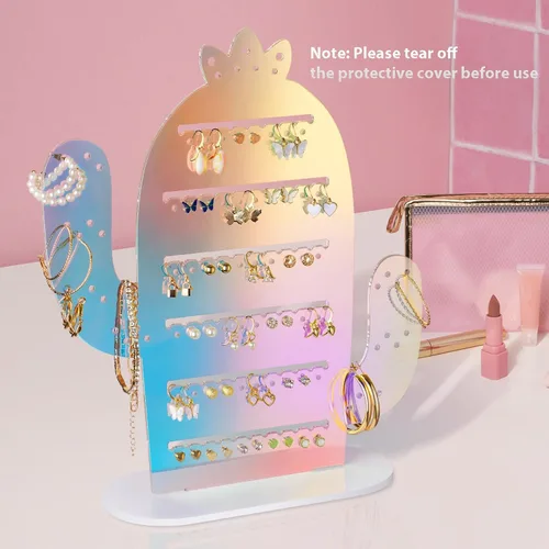 Vista 2 de NiHome Soporte acrílico iridiscente para aretes de cactus 11.2 x 12.8 pulgadas, organizador de aretes para mujer
