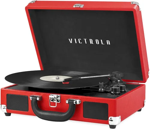 Vista 12 de Victrola Journey Tocadiscos Portátil Bluetooth Tipo Maleta - con Altavoces Integrados, Tocadiscos de Vinilo de 3 Velocidades, Salida RCA, Conector